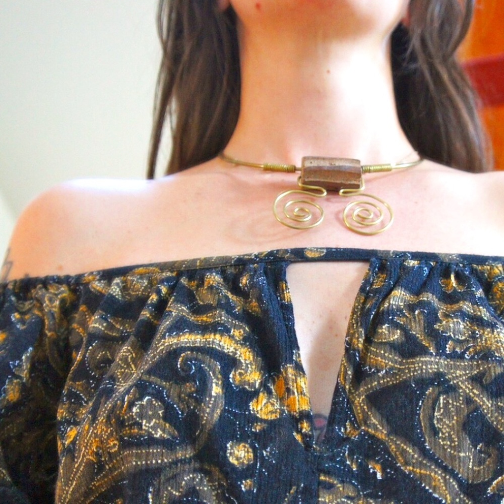 1970s handmade bent copper wire statement necklace choker collar